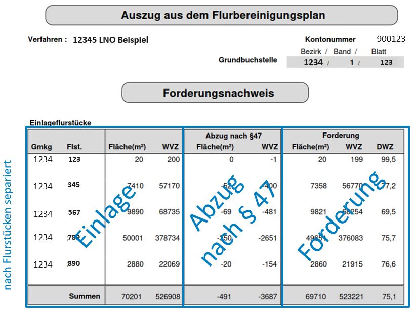 Auszug aus dem Flurbereinigungsplan - Forderungsnachweis